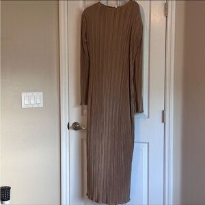 azra the label plisse camel maxi dress